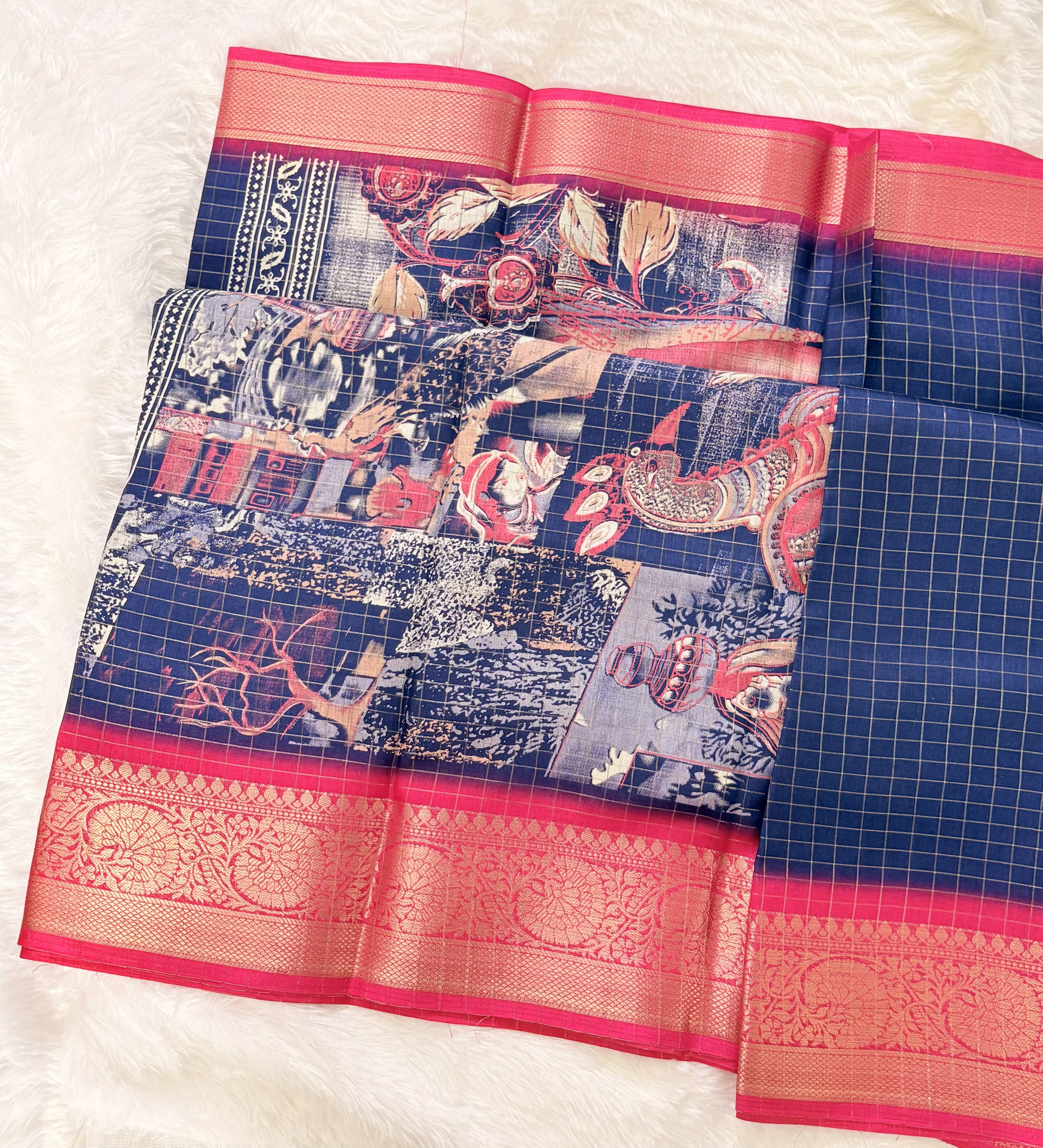 Nalinam Sapphire Glow – Premium Blue Dola Silk Saree with Golden Checks & Contrast Pink Blouse