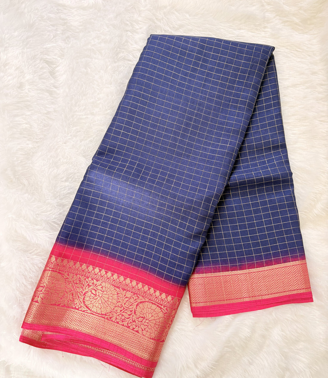 Nalinam Sapphire Glow – Premium Blue Dola Silk Saree with Golden Checks & Contrast Pink Blouse