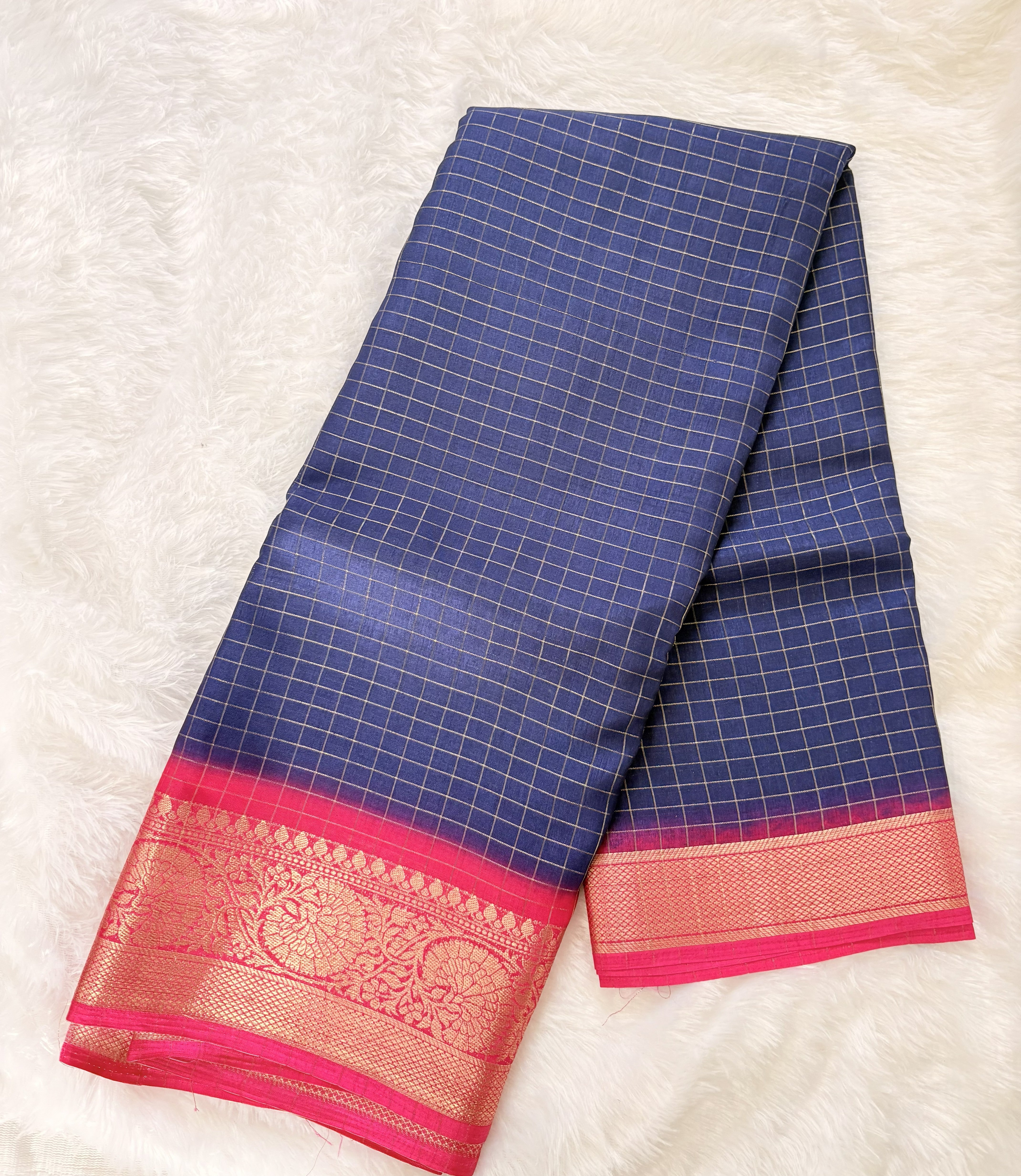 Nalinam Sapphire Glow – Premium Blue Dola Silk Saree with Golden Checks & Contrast Pink Blouse