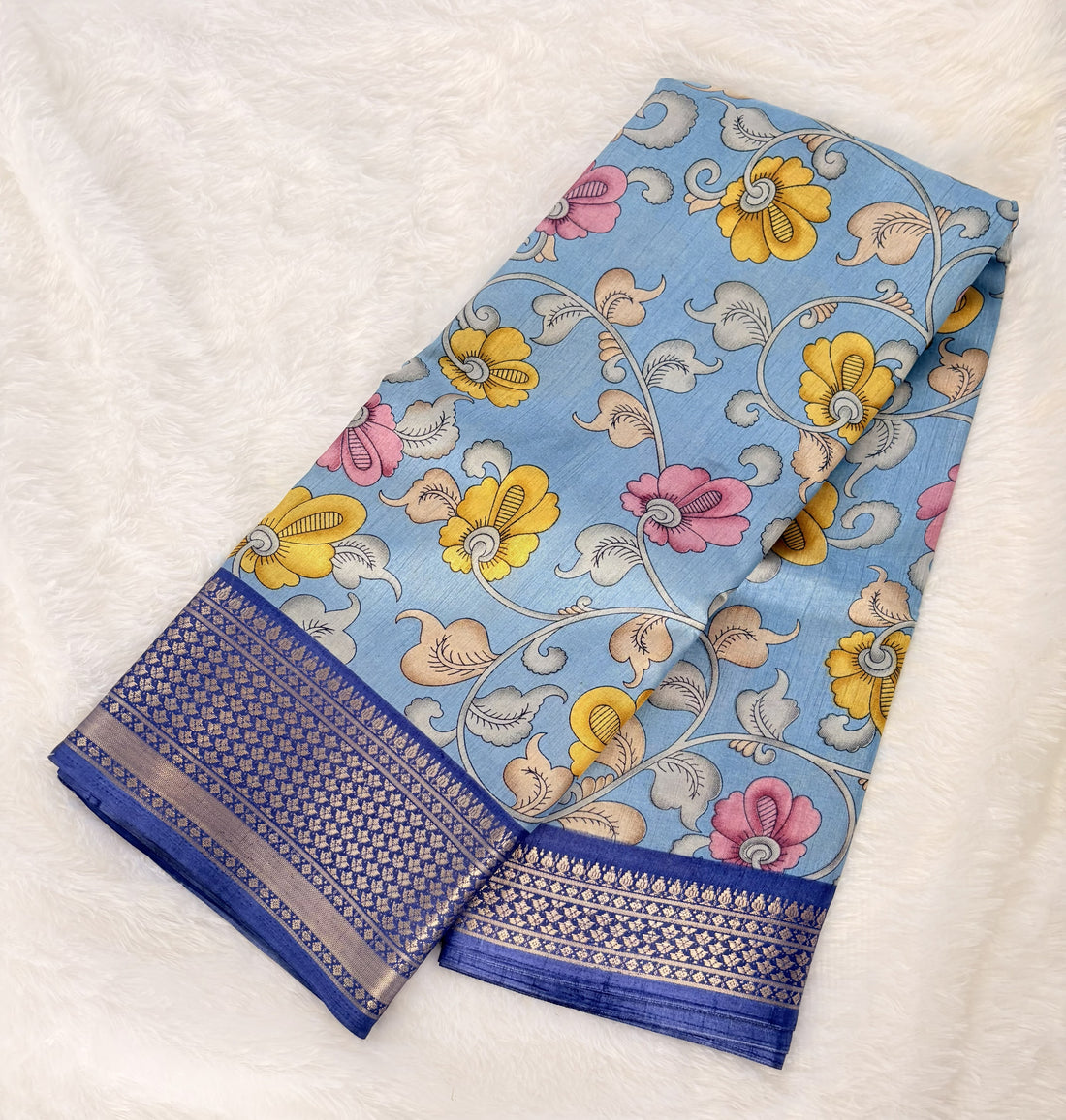 Nalinam Sky Blossom – Premium Sky Blue Floral Dola Silk Saree with Elegant Dark Blue Border