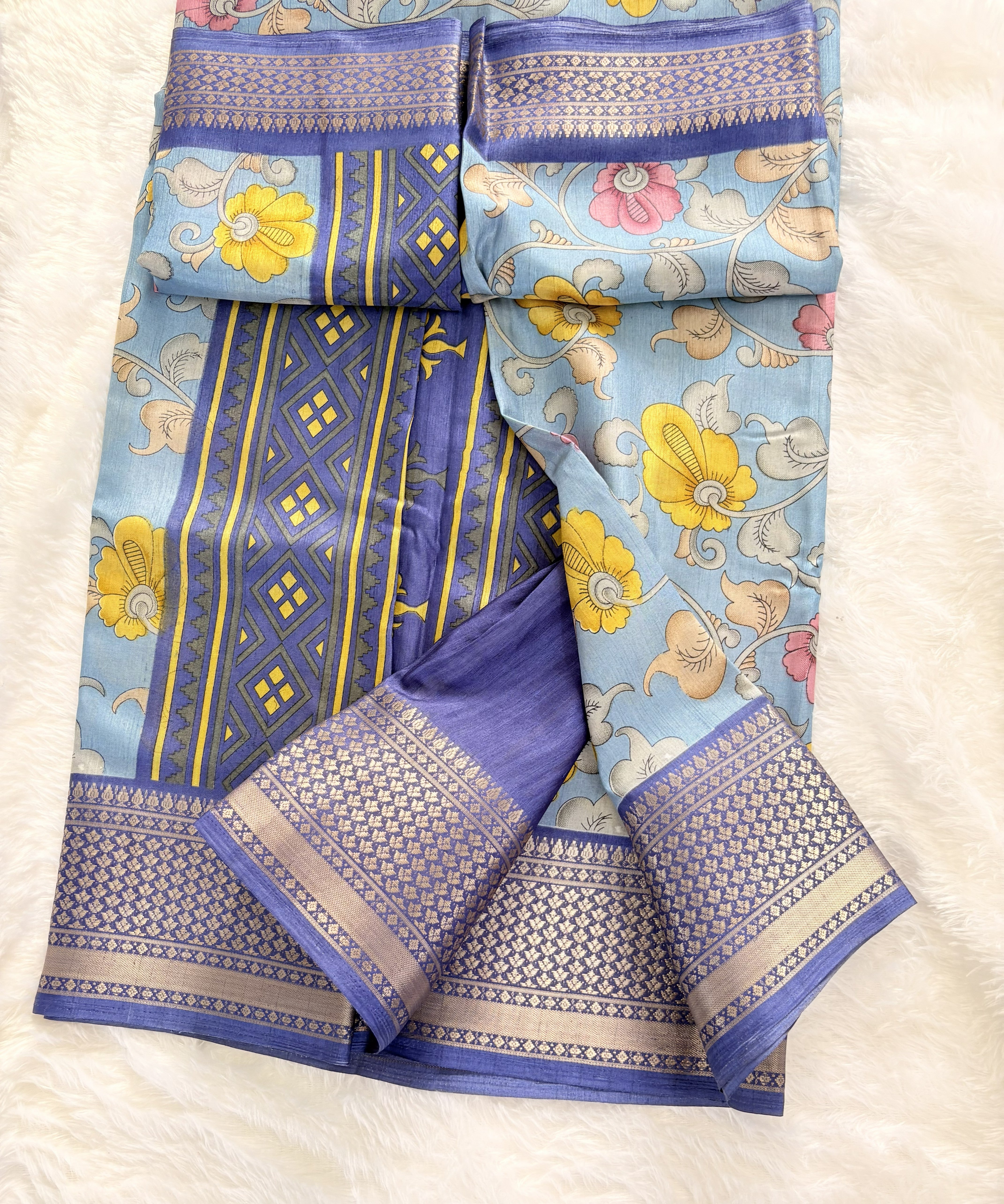 Nalinam Sky Blossom – Premium Sky Blue Floral Dola Silk Saree with Elegant Dark Blue Border