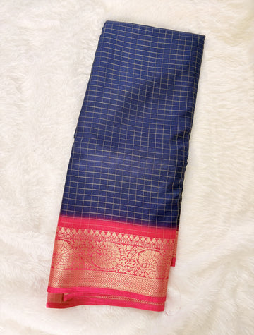 Nalinam Sapphire Glow – Premium Blue Dola Silk Saree with Golden Checks & Contrast Pink Blouse
