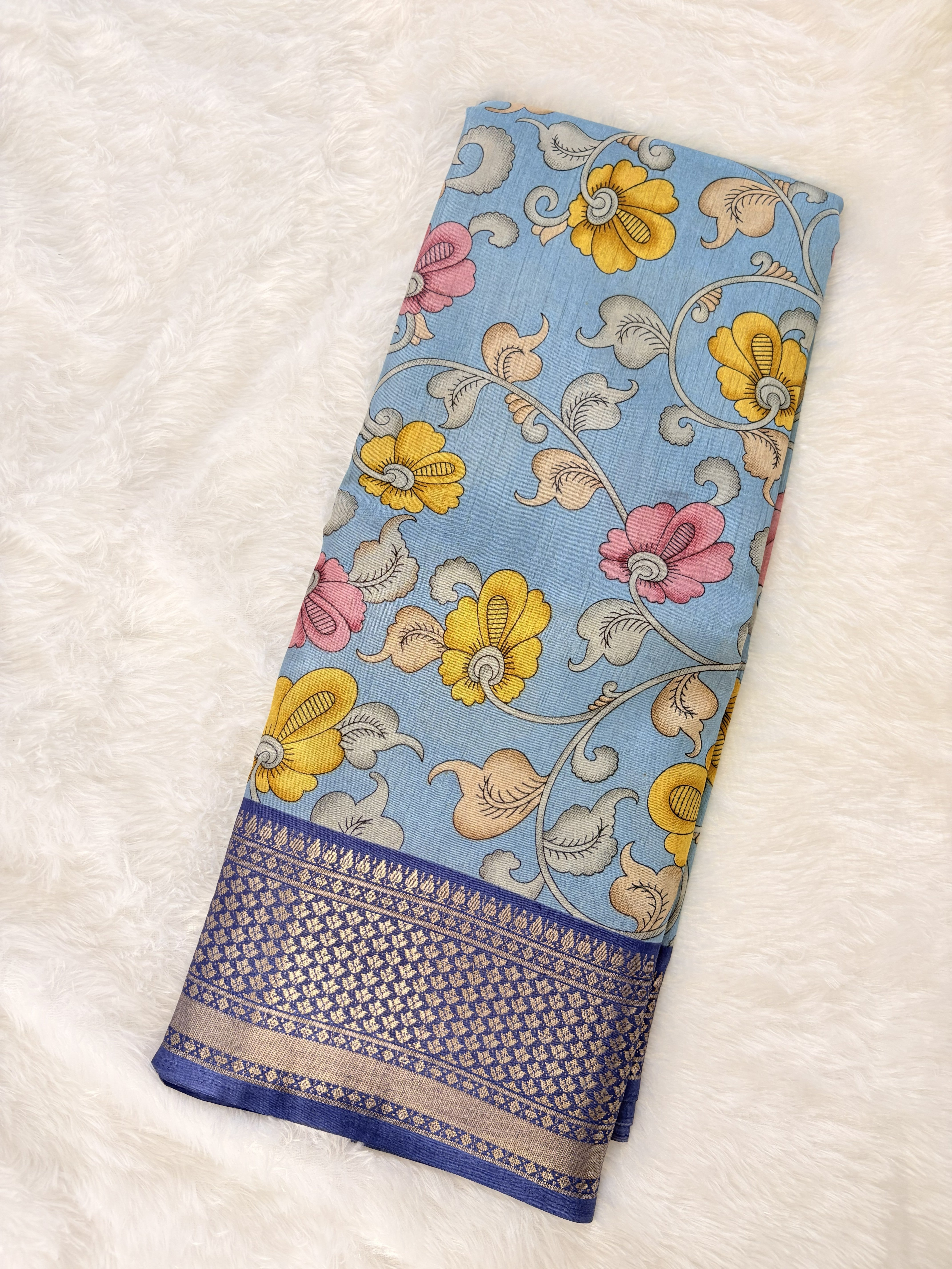 Nalinam Sky Blossom – Premium Sky Blue Floral Dola Silk Saree with Elegant Dark Blue Border