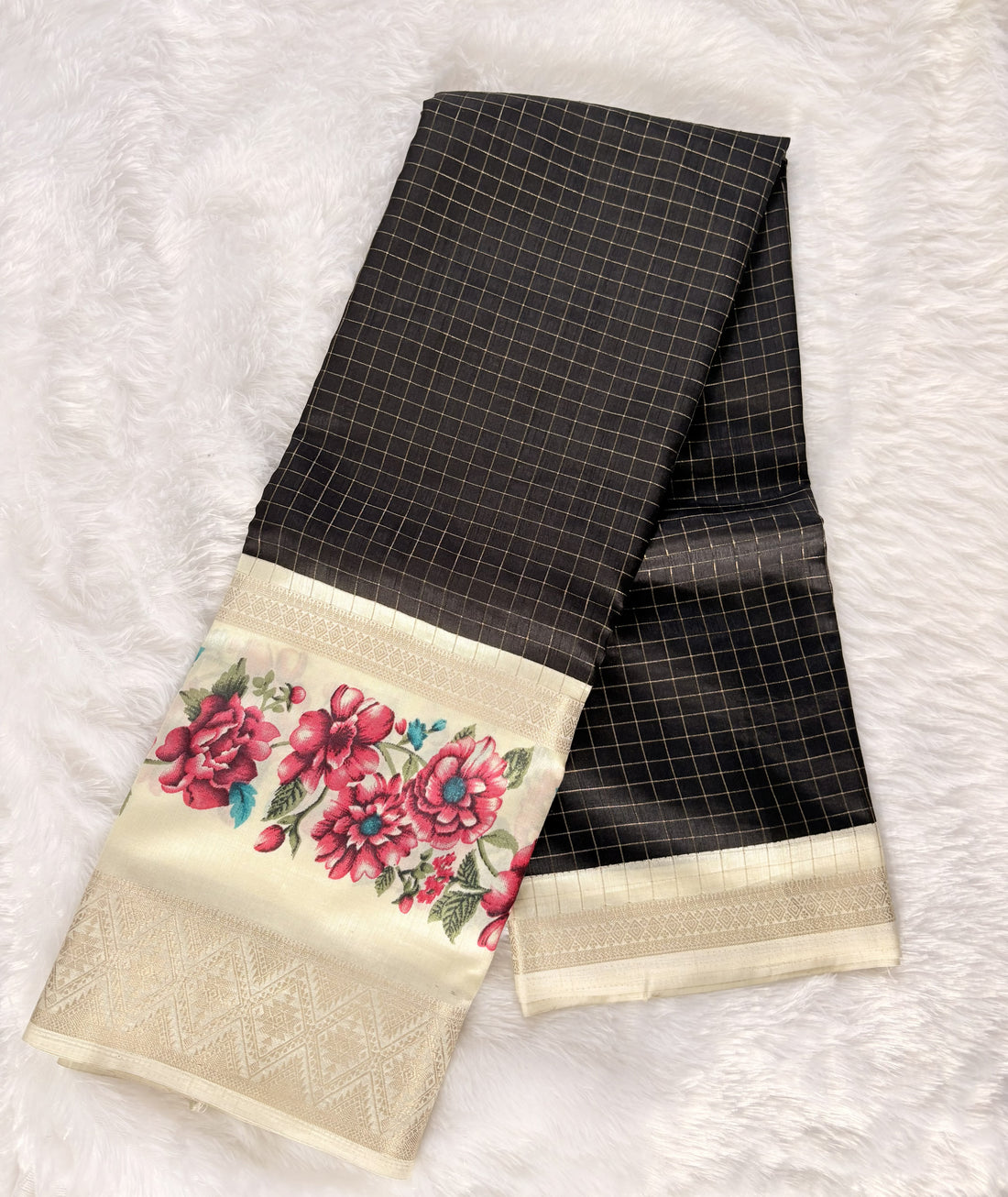 Nalinam Black Pearl – Luxury Dola Silk Saree with Sophisticated White floral Border
