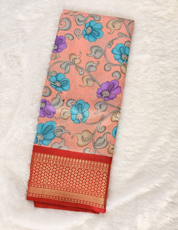 Nalinam Coral Radiance – Premium Pinkish Orange Floral Dola Silk Saree with Elegant Red Border