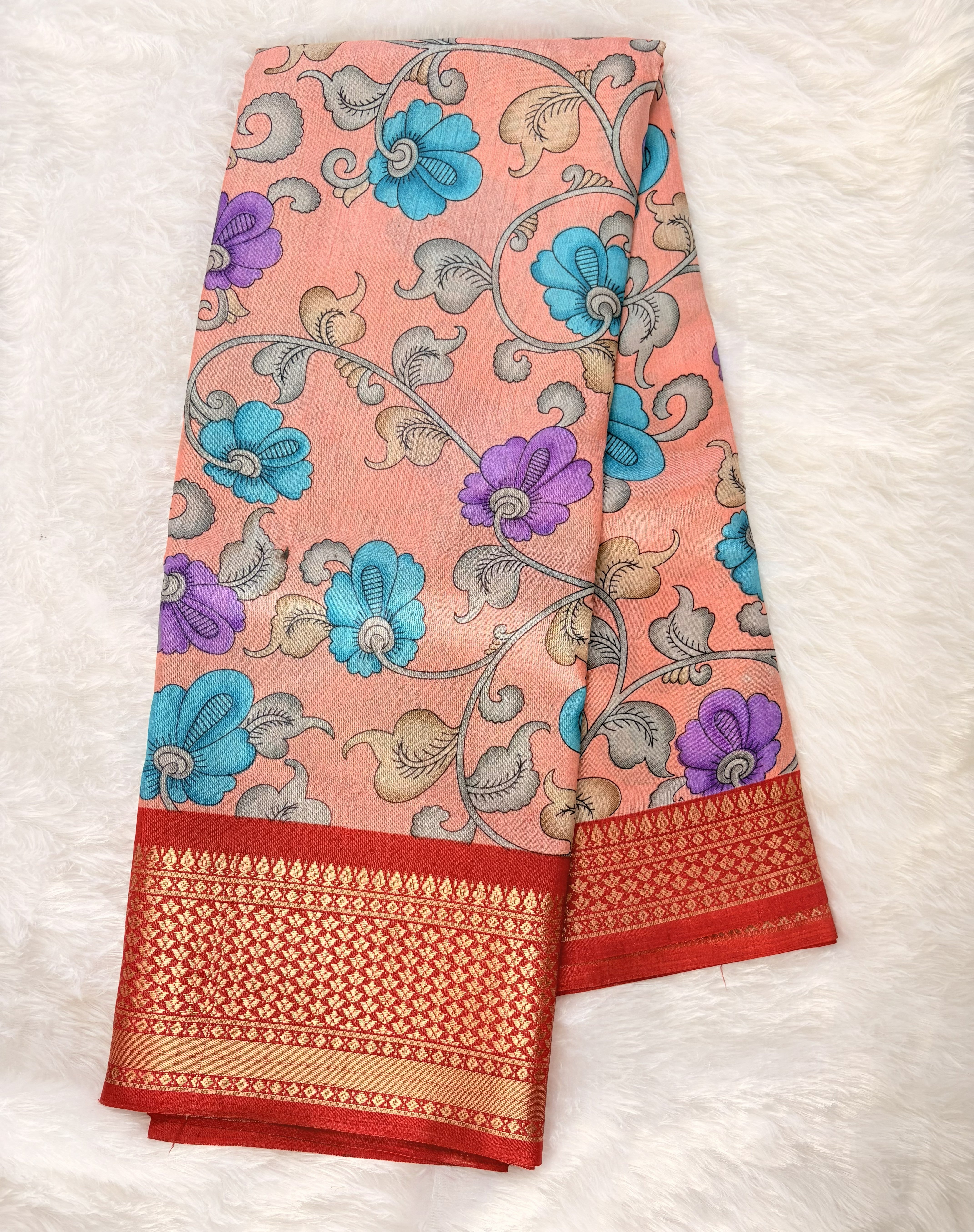 Nalinam Coral Radiance – Premium Pinkish Orange Floral Dola Silk Saree with Elegant Red Border