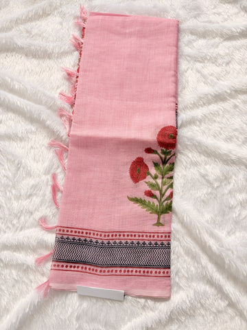 Nalinam Blush Blossom – Premium Pastel Pink Linen Cotton Saree with Floral Design