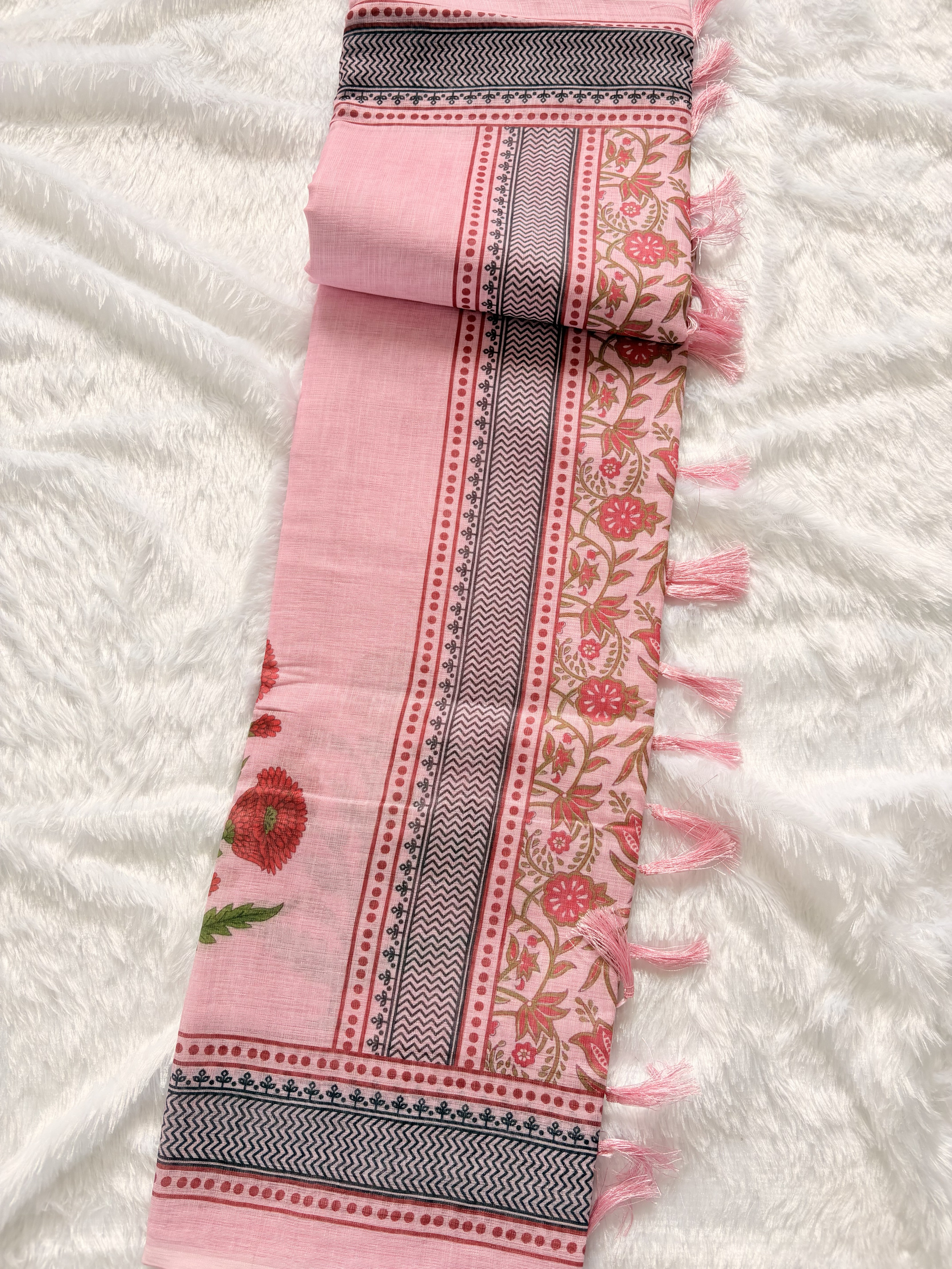 Nalinam Blush Blossom – Premium Pastel Pink Linen Cotton Saree with Floral Design