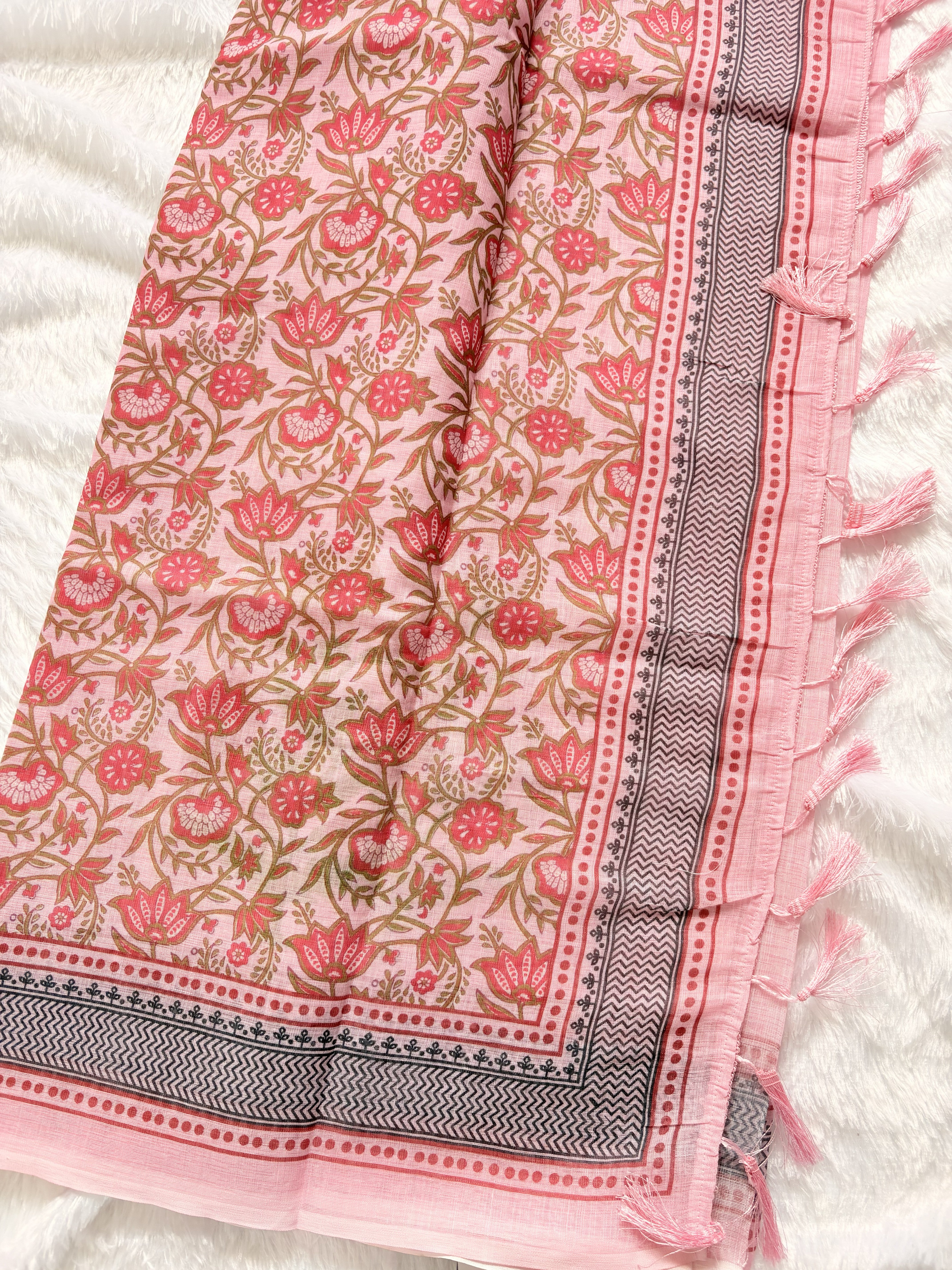 Nalinam Blush Blossom – Premium Pastel Pink Linen Cotton Saree with Floral Design
