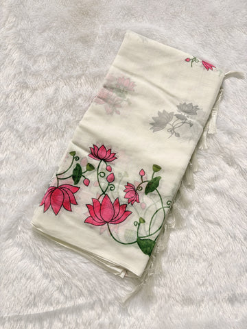 Nalinam Lotus Serenity – Premium White Linen Cotton Saree with Pink Lotus Border