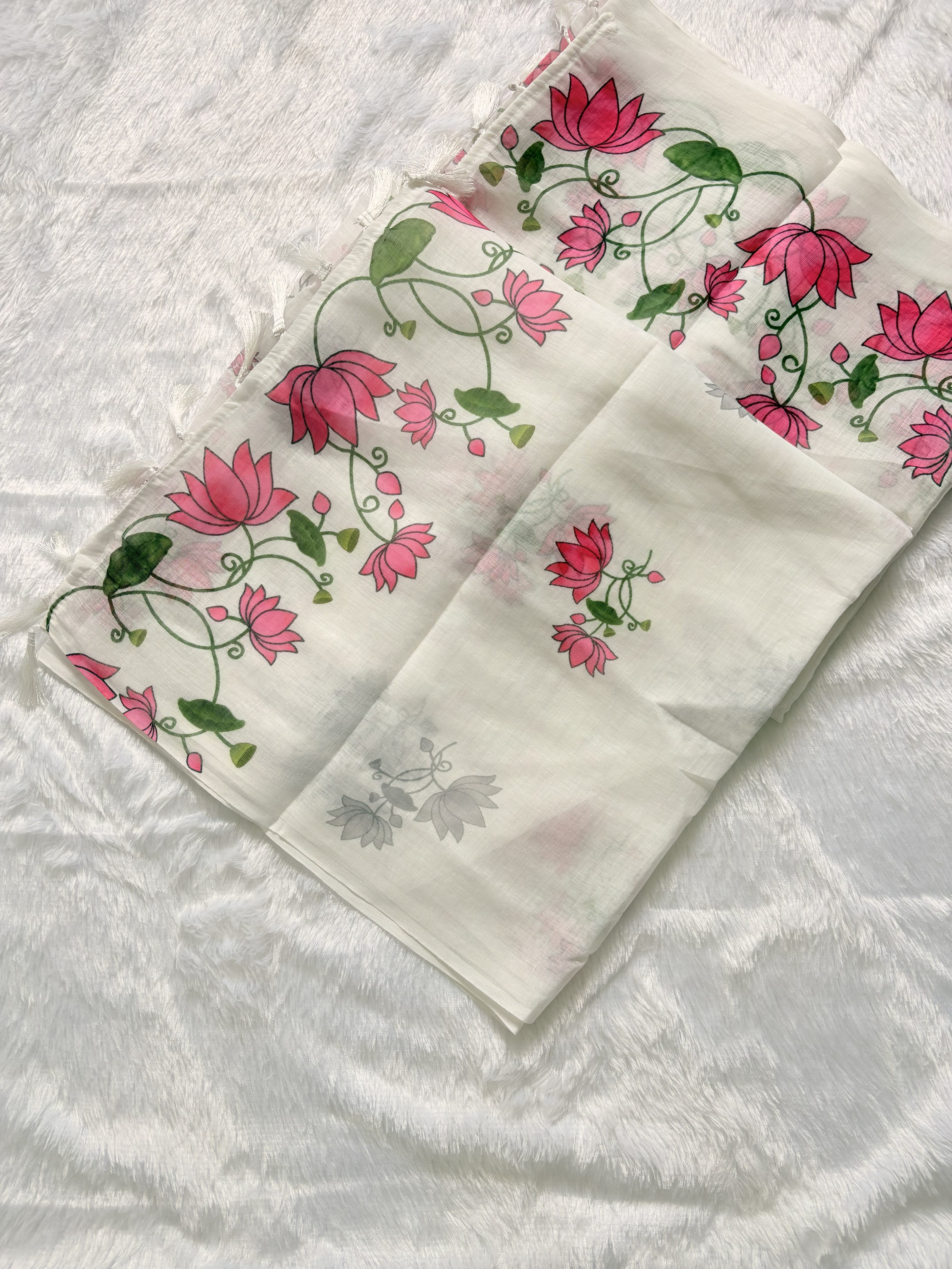 Nalinam Lotus Serenity – Premium White Linen Cotton Saree with Pink Lotus Border